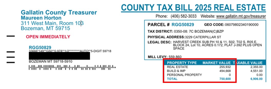 In 2025, an example residential property located in Bozeman was appraised by the DOR with a market value of $750,600.