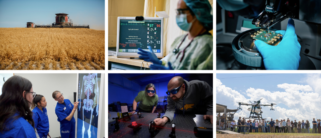IIAI Banner Six images show interdisciplinary elements of AI research, first image shows AI in AG, AI in nursing practice, AI in microfrabication, AI in teaching, AI in photonics, and AI in drones.