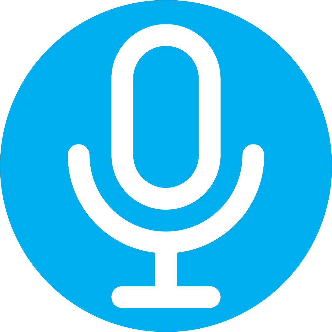 An icon of a microphone on a light blue circle background