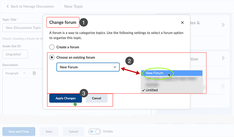 Brightspace screenshot 20.23.04 - selecting to choose an existing forum