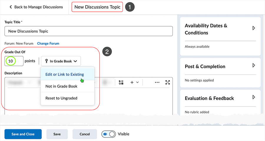 Brightspace screenshot 20.23.04 - "Grade Out Of" detail with 10 points and drop menu displayed