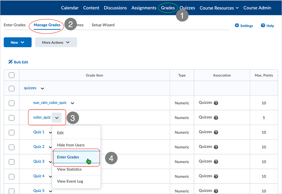 Brightspace screenshot - CD 20_20_04 - Manual Grade and Publish - showing available options