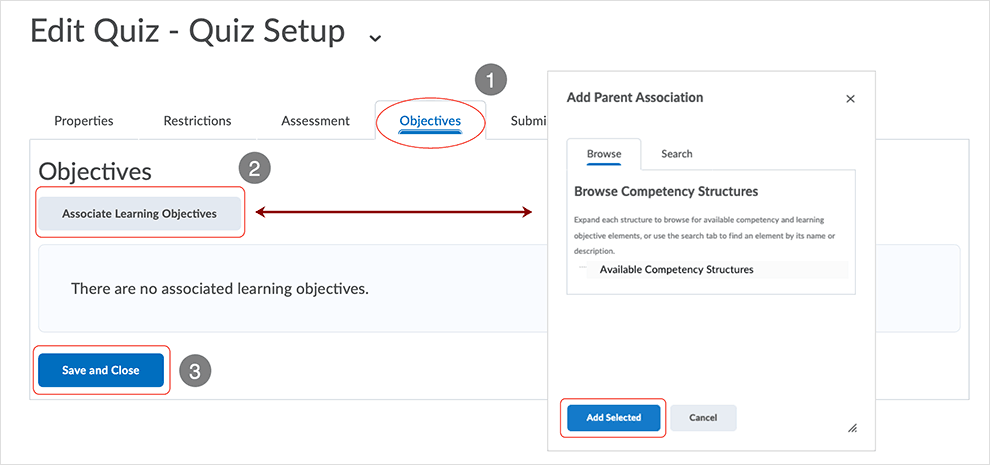 Brightspace screenshot - CD 20_20_04 - Objectives tab page isolated with directions related to available options