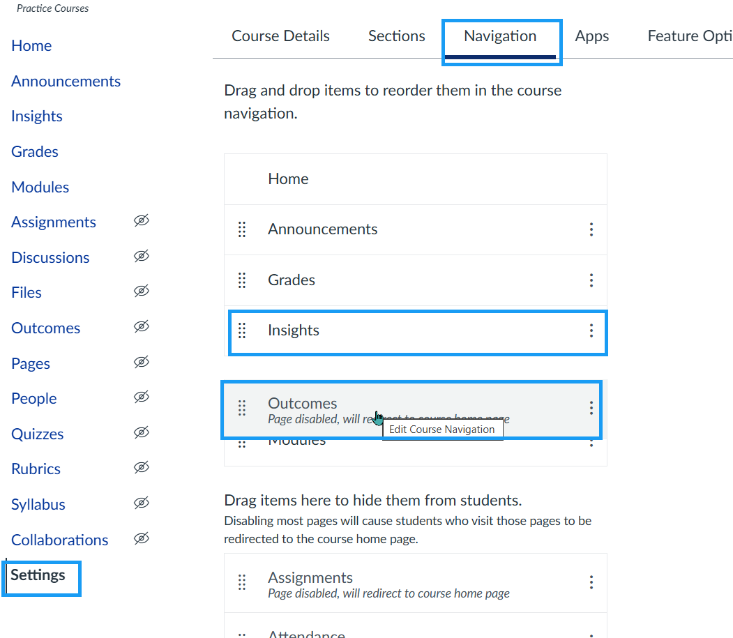 Course navigation of Canvas with items moved from bottom to top category