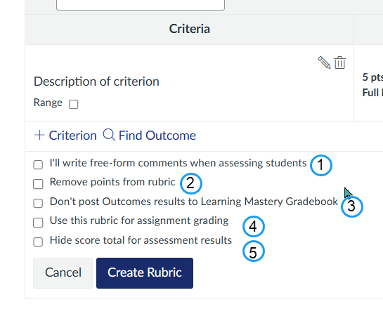 List of settings for a rubric being created