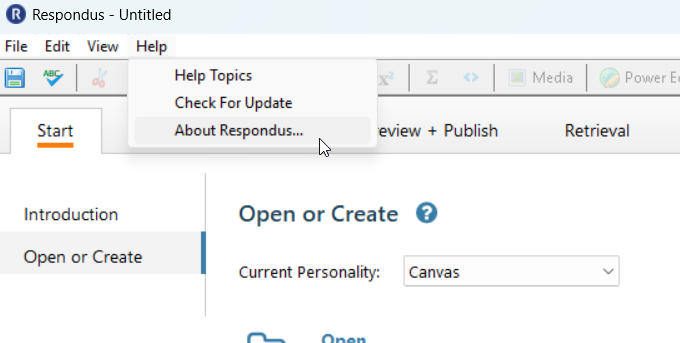 Dropdown on Respondus home page with the option "About Respondus" in focus