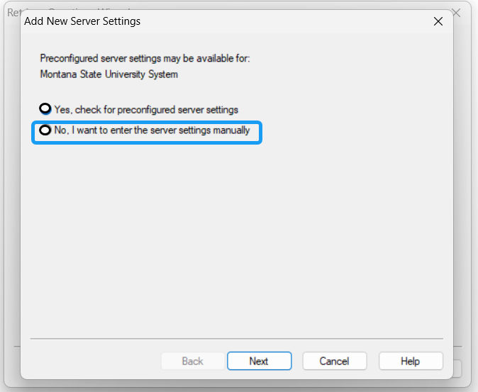 respondus window with two options of adding a server manually or to choose a preconfigured one