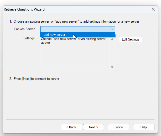 Retrieve question wizard with the option to add a server in focus