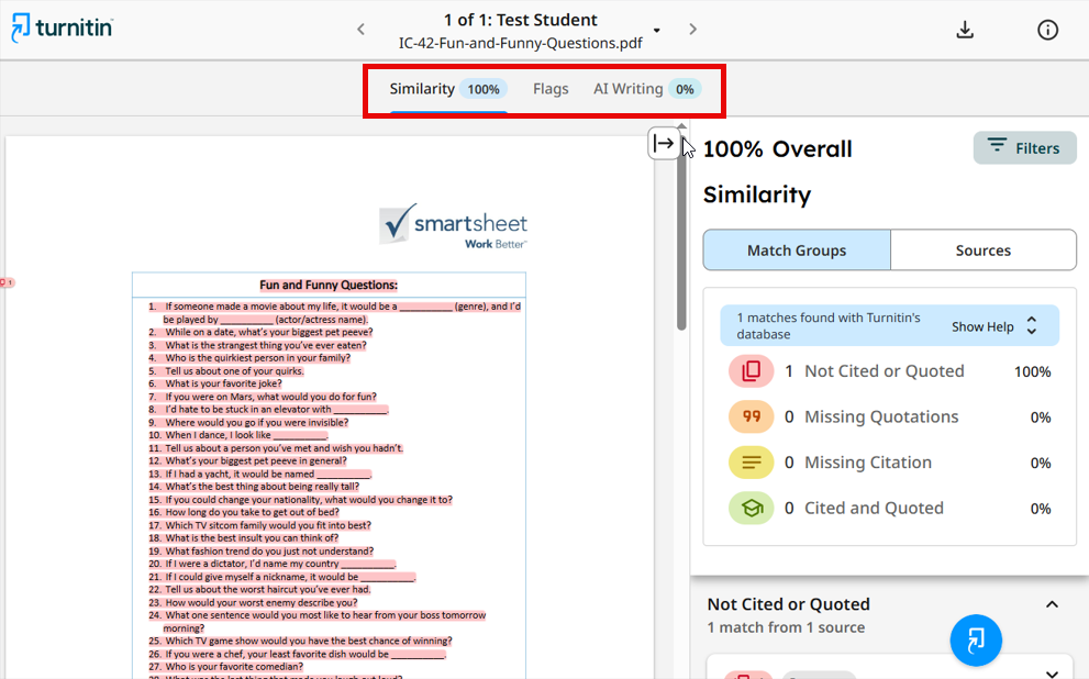 view of an example paper in the similarity report with the options for similarity, flags, and AI report outlined in red at the top