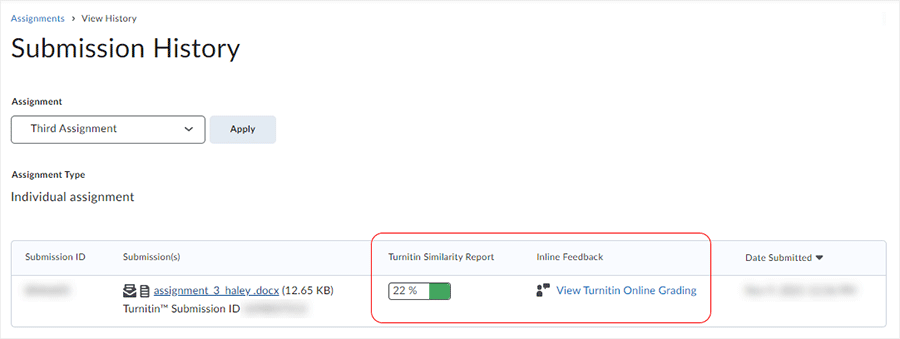 Brightspace screenshot 20.22.11 - "Submission History" displays for the associated assignment