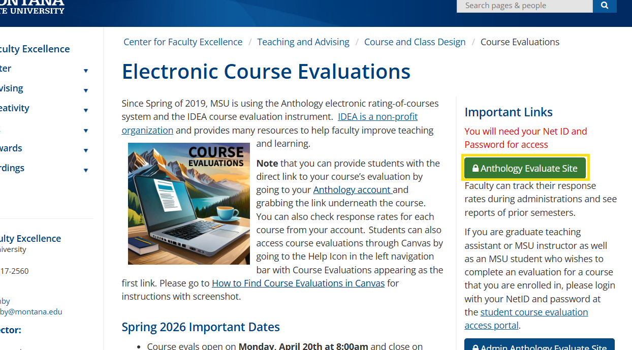 center for faculty excellence webpage with information about course evaluations and a green button outlined in yellow reading "anthology evaluate site"