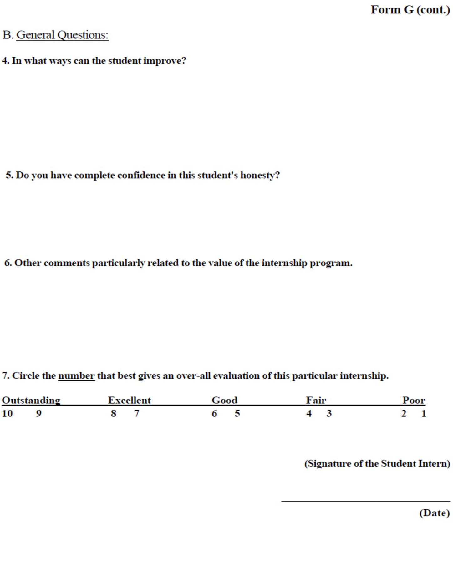 Form G continued, Internship, Students Final Evaluation