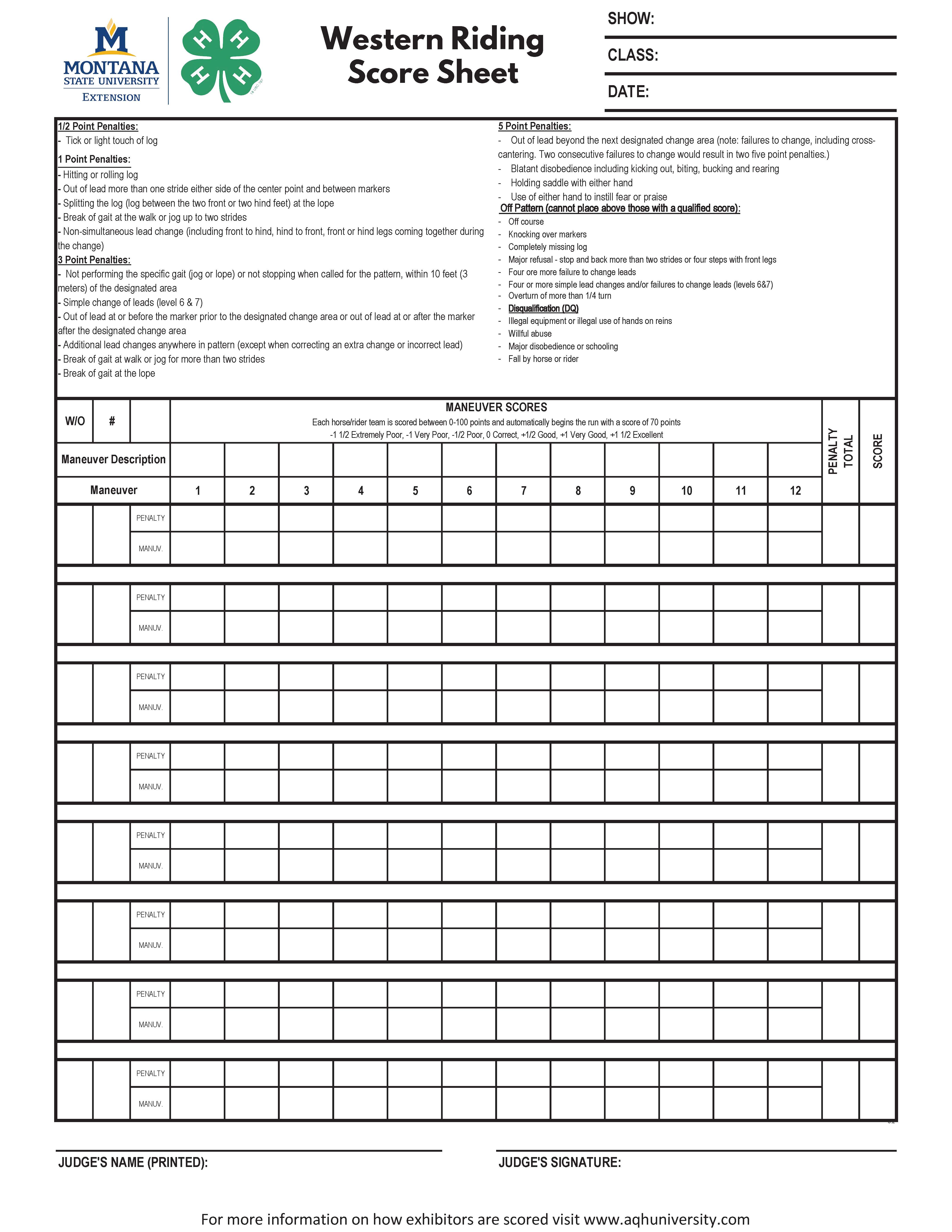 Western Riding Score Sheet Western Riding Score Sheet