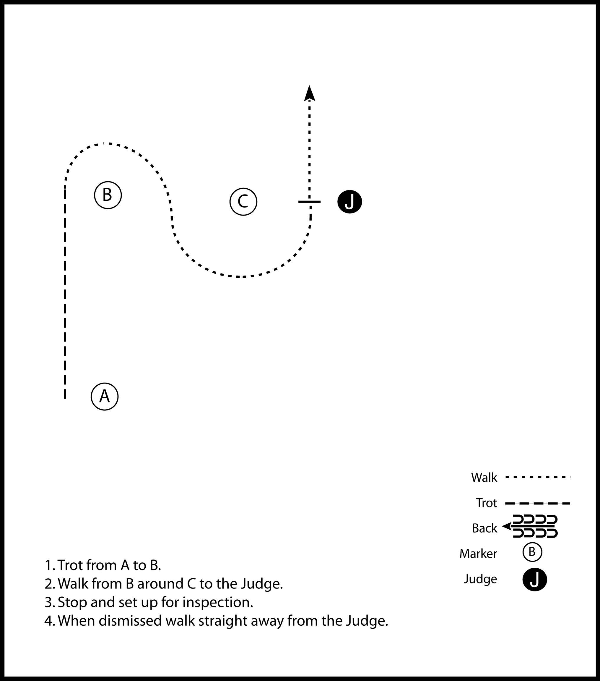 This image is a diagram of a showmanship pattern involving a judge and a participant that is instructed to trot, walk and stop to set up for inspection in front of judge, and when dismissed walk straight away from judge.