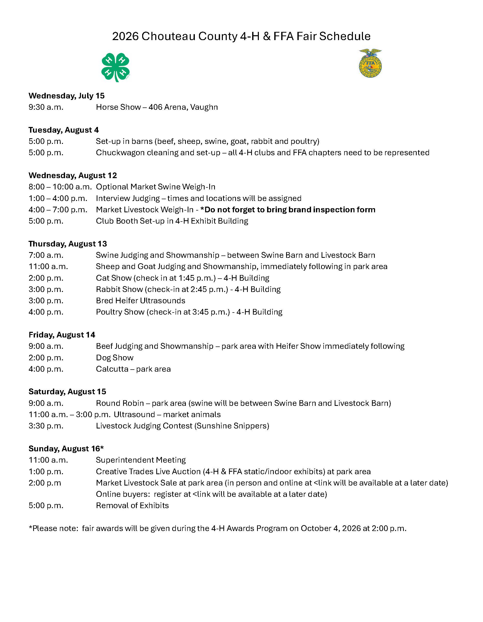 2026 4-H and FFA Fair Events Schedule 2026 4-H and FFA Fair Events Schedule