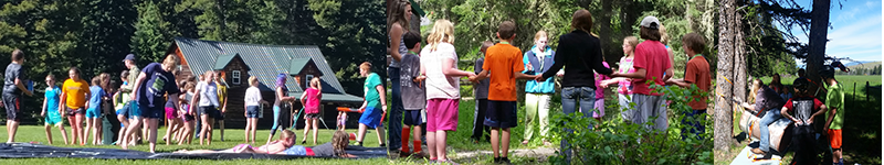 Banner of photos. Kids outside at camp having fun.