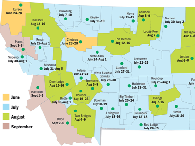 2026 Fair Dates A color-coded map of Montana county boundaries with the dates and locations of 4-h fairs. The map is cropped to fit, so it is incomplete.