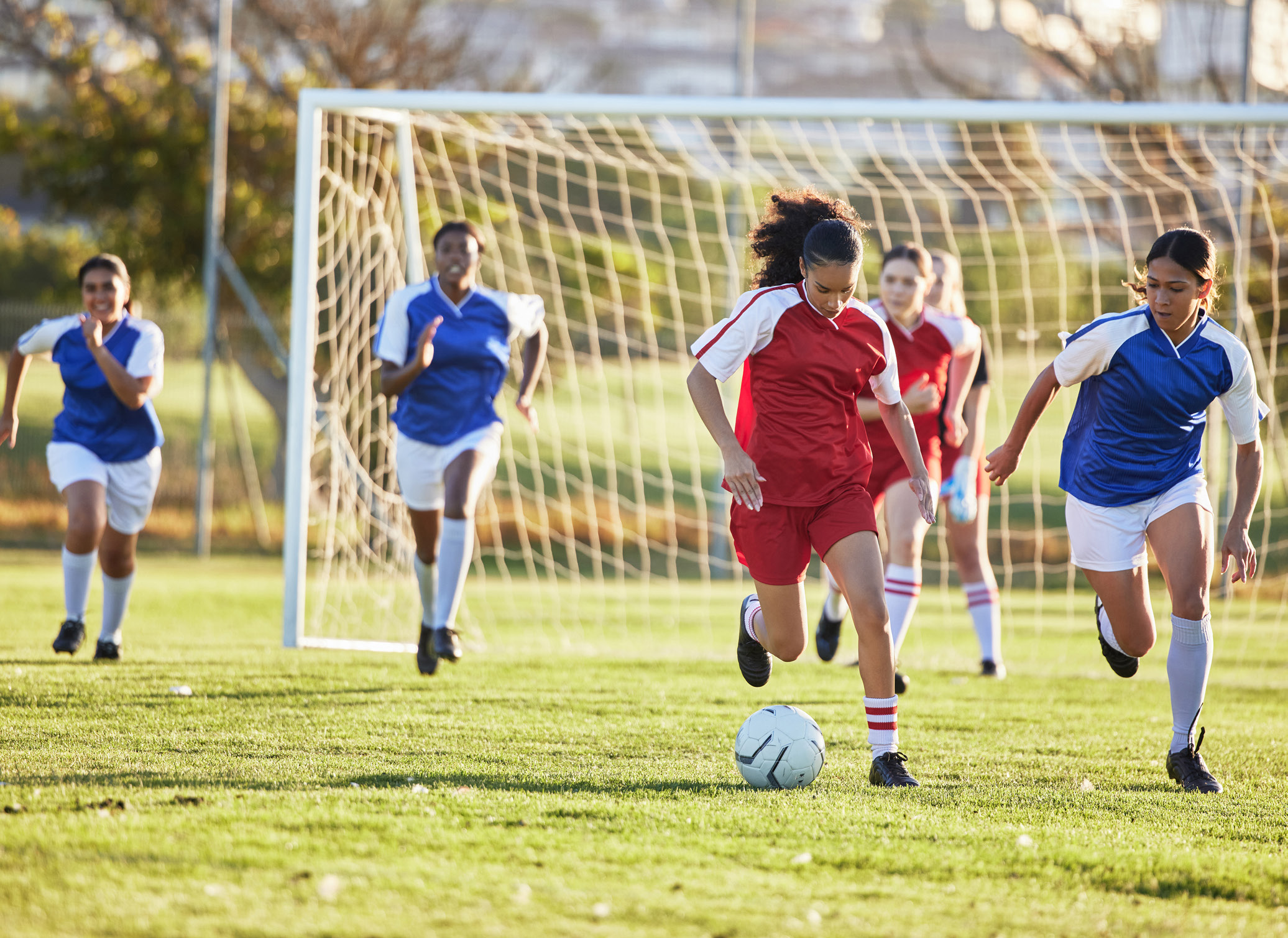 A game on soccer is being played by a red team and a blue team.