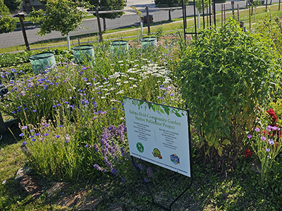 Community Garden Growth in Helena Sign identifying a community garden surrounded by flowering plants and garden beds.