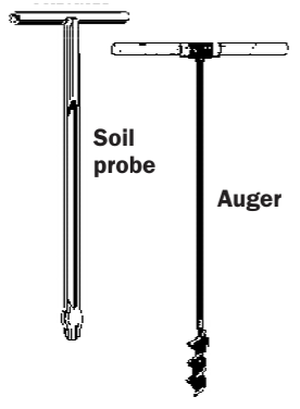 A vector drawing of a soil sampling hand probe and auger. Both have t-shaped handles. The hand probe is made of a hollow tube with part of it missing. The auger has a corkscrew end.