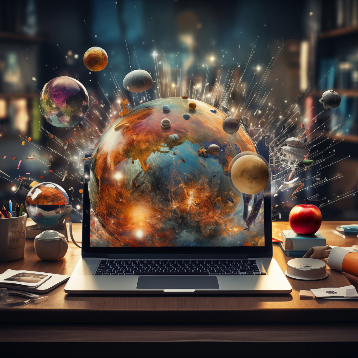 Computer with colorful globe bursting out of the screen