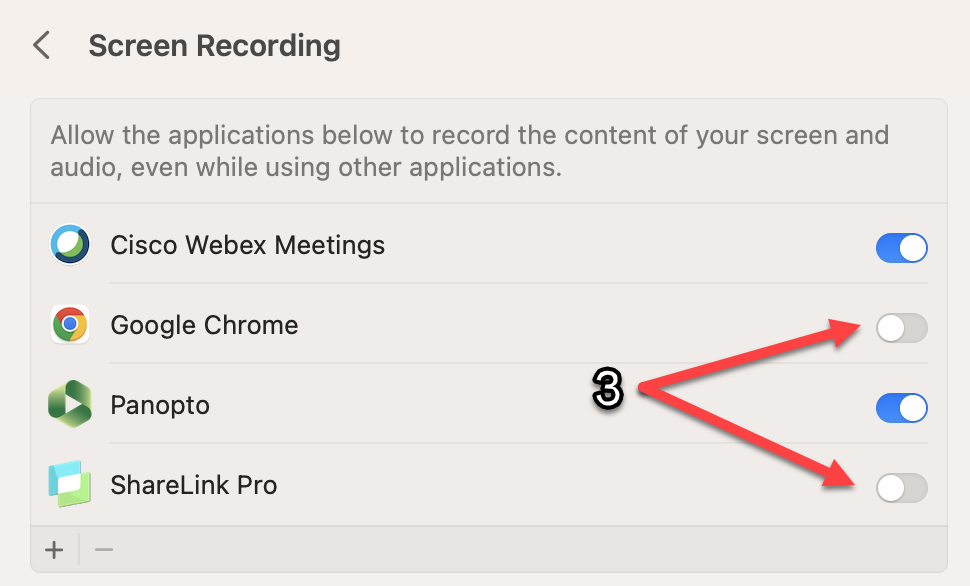 ShareLink Mac Settings 2 Mac screen recording settings with Chrome and ShareLink Pro highlighted