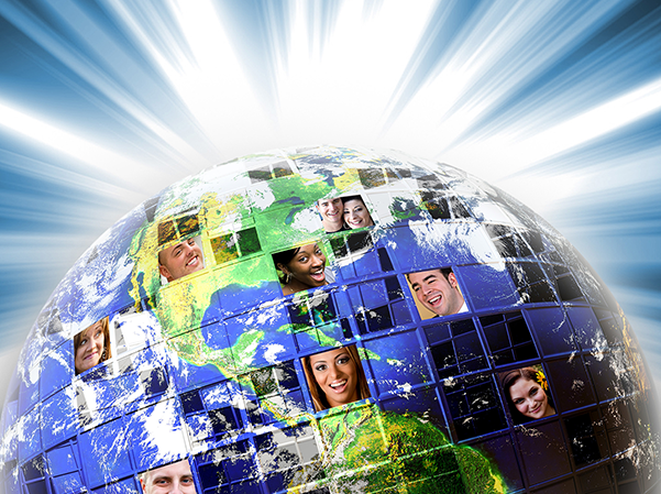 half globe of the earth with faces of people from different backgrounds