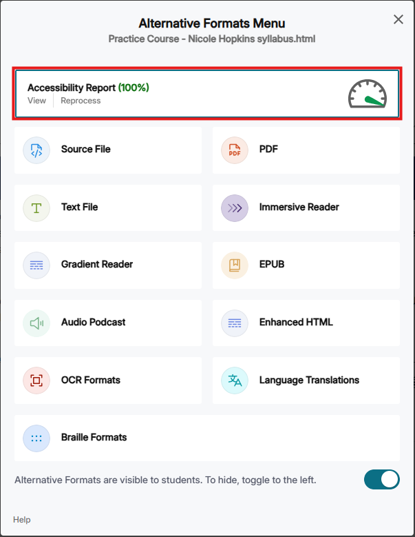 screenshot of yuja alternative formats menu with accessibility report highlighted