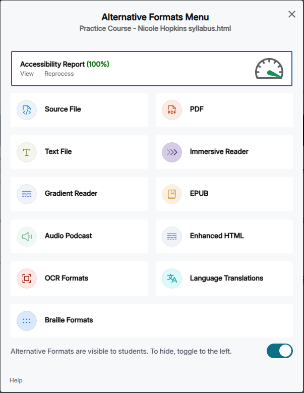 screenshot of YuJa's alternative formats menu
