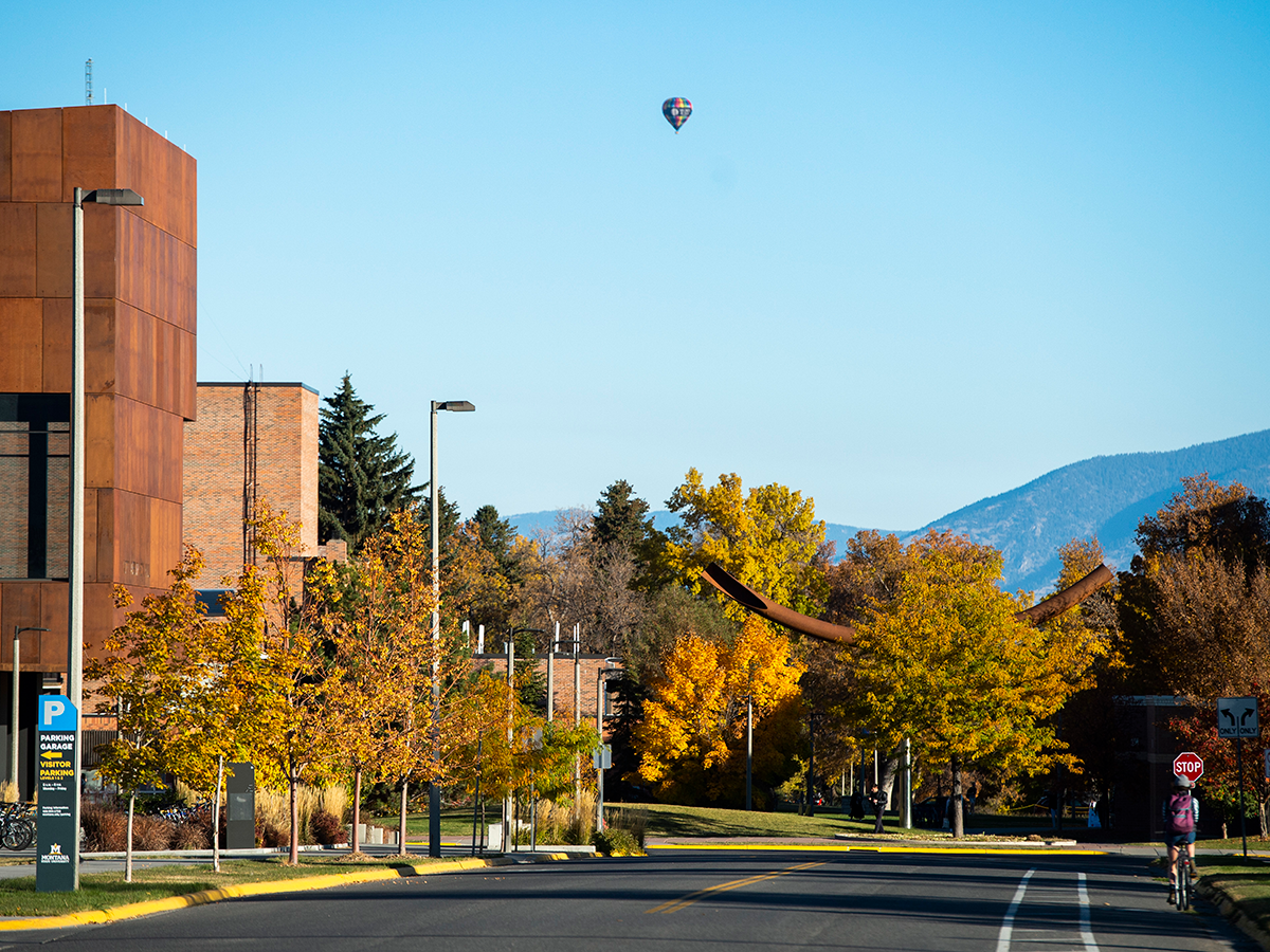 A road with orange buildings on one side, and trees all around. There's a hot air balloon in the distance of the blue sky