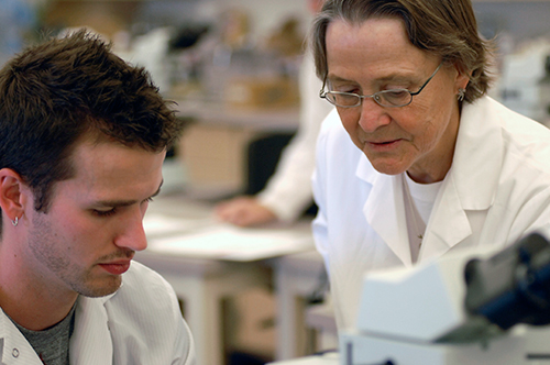 student and advisor working with microscope