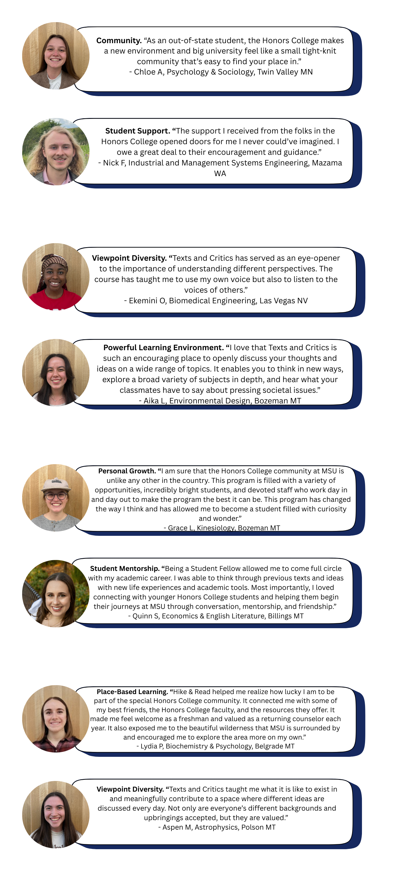 Student pictures & quotes about their experience in the Honors Colelge