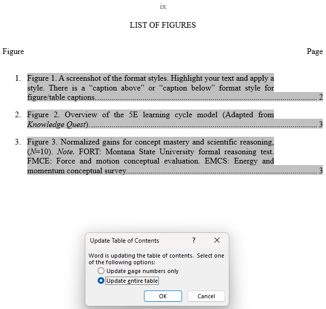 Photo showing how updating list of figures looks