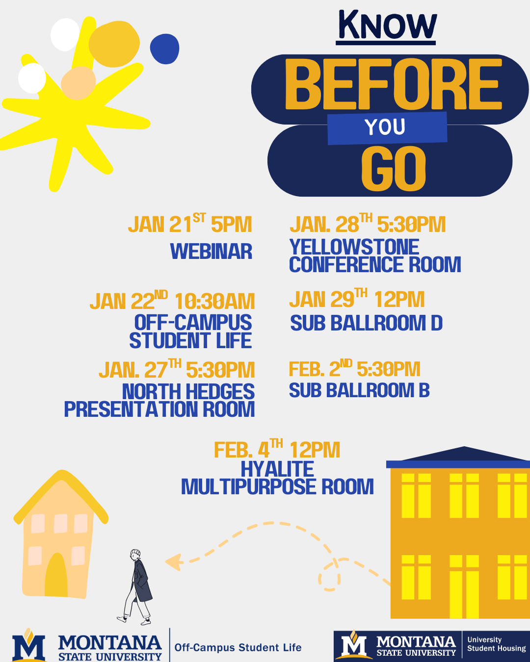 Has dates, times, and places of where to meet to learn about housing