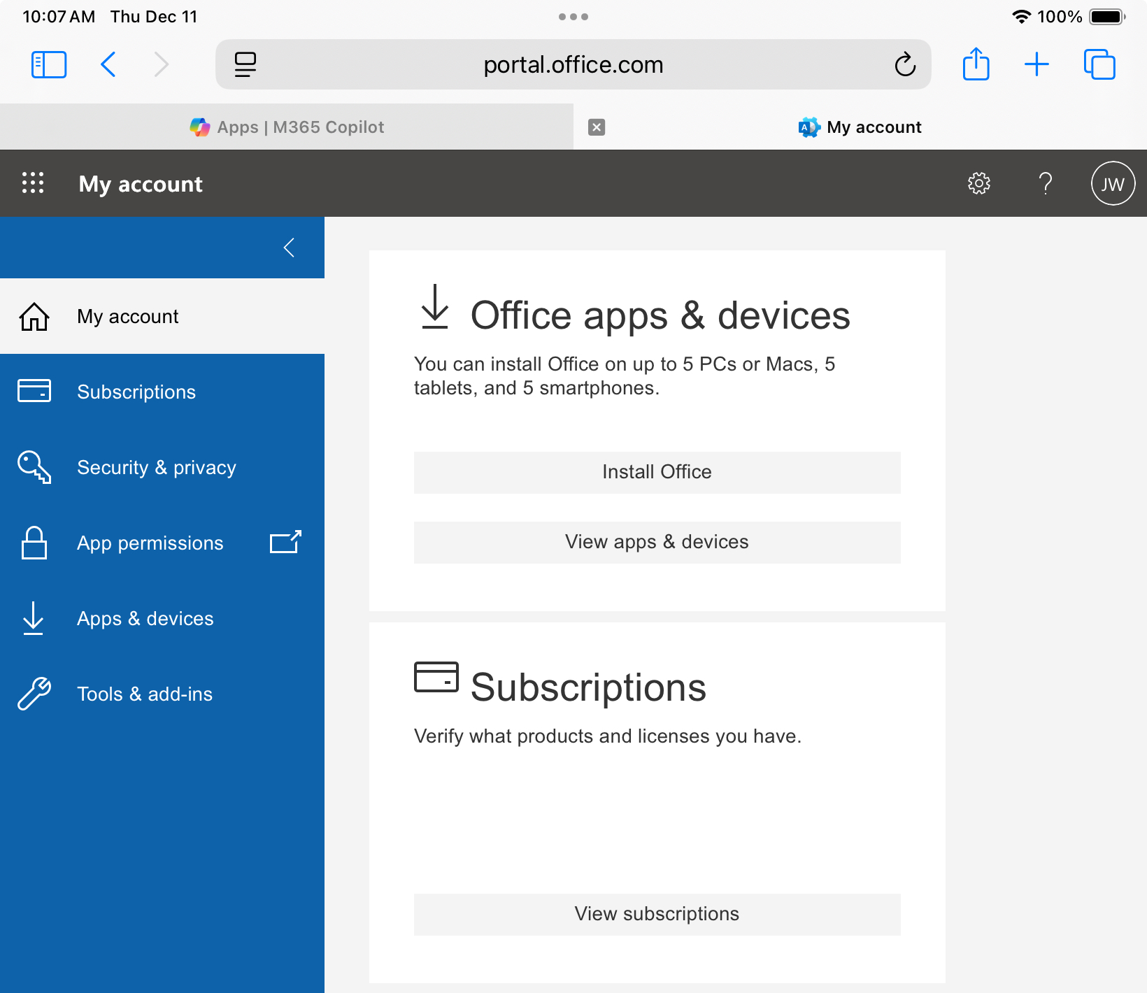 Microsoft 365 account apps page