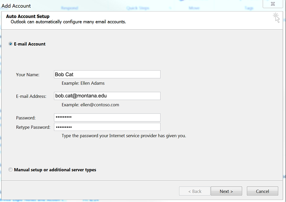 Screenshot of the Add Account, settings panel.