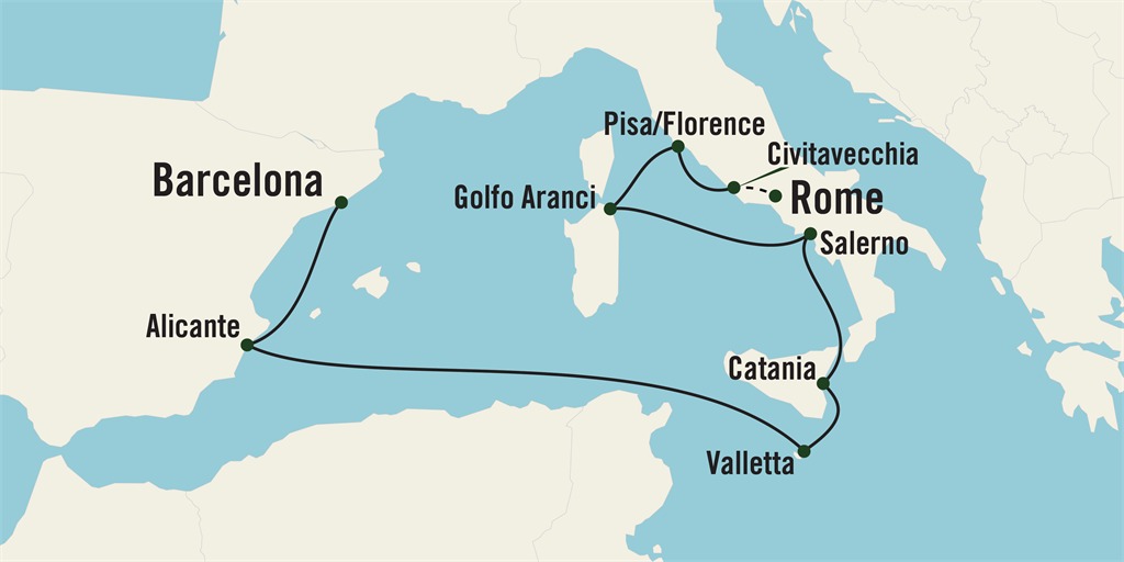 a map showing a route beginning in Barcelona, Spain, and traveling through the Mediterranean Sea, ending in Rome, Italy.