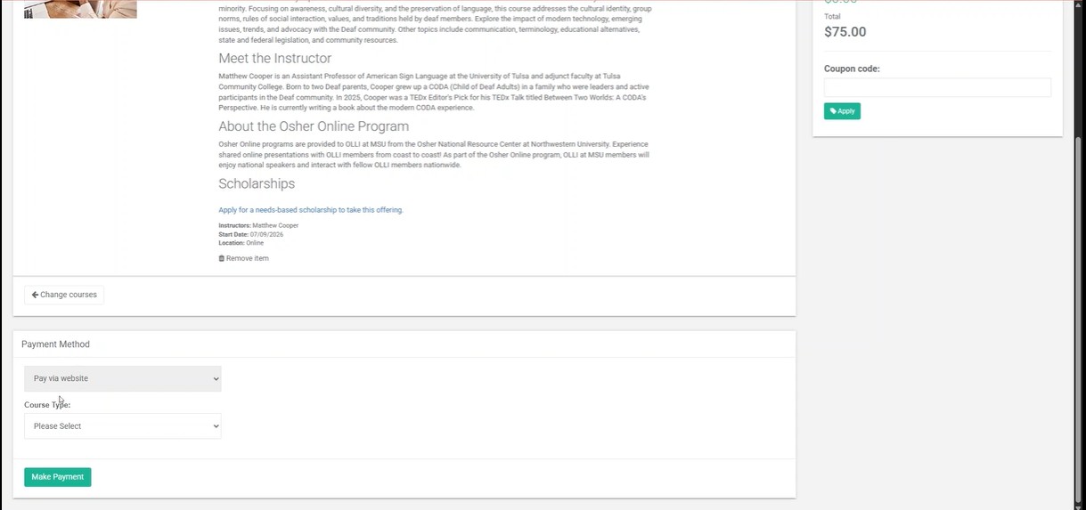 Cart page showing the course type menu before OLLI has been selected