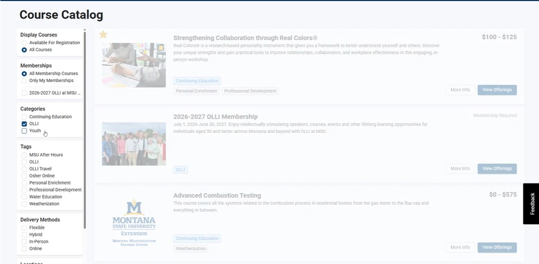 OLLI catalog results page with left-side filters for narrowing programs by type