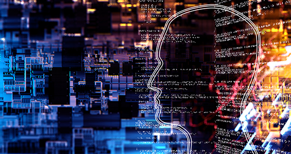 Multi colored grid shapes with the silhouette of a head over them