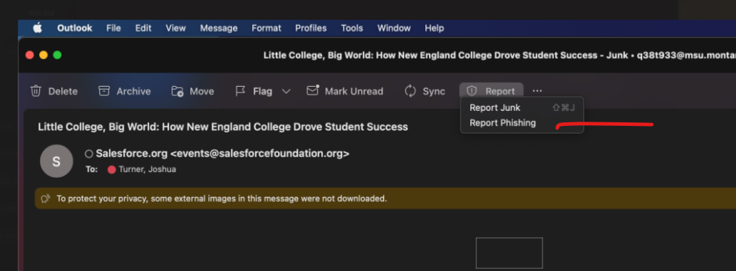 Outlook Phishing Button Location Mac