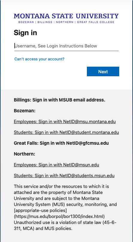 Montana State 4 Campus Entra Login Page