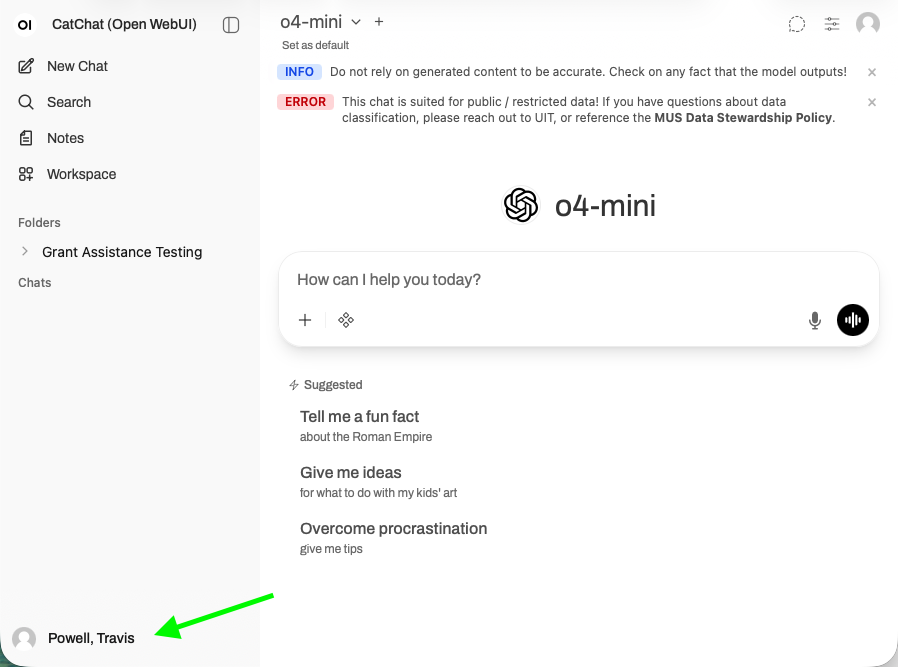 CatChat homepage with o4-mini presenting and green arrow pointed at profile