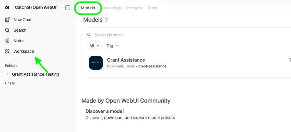 Workspace > Models selection