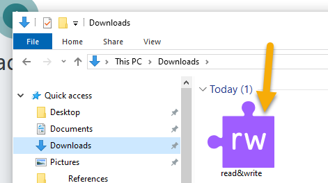 A screenshot of the Downloads folder in File Explorer. The purple puzzle piece icon for Read&Write Gold being pointed at by a large yellow arrow.