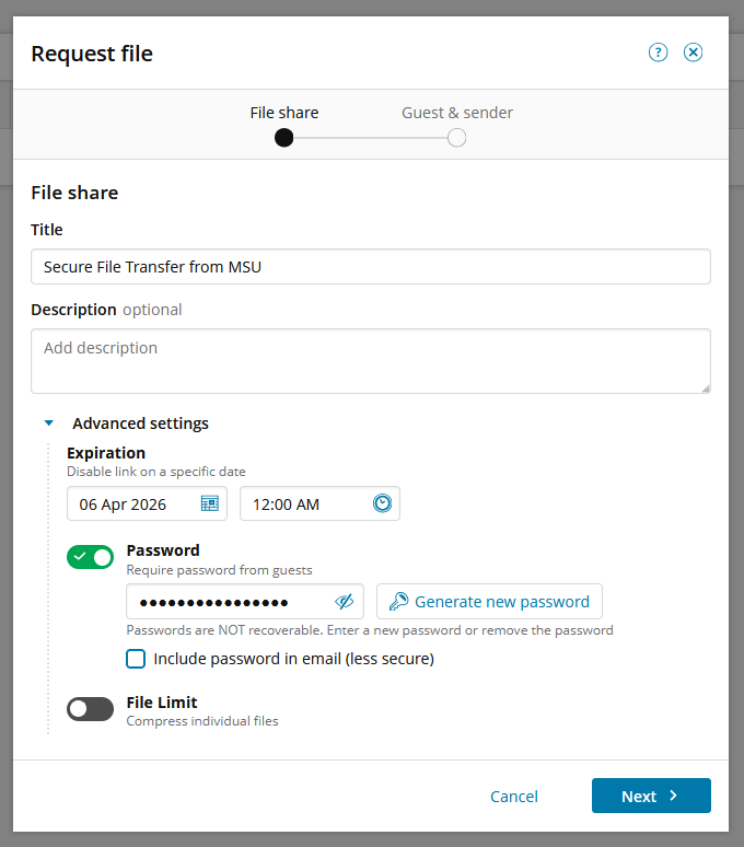 Screenshot of the Request File form. In this section, it is asking you to fill out information for the file share, including: Title, Description, Expiration Date, and Password. The password in this screenshot is utilizing the Generate New Password option located to the right of the password section. There is also an option to not use a password, and to impose a file limit.