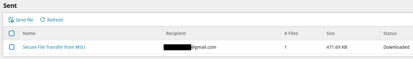 Screenshot of the secure file transfer portal's sent files list. The list contains one instance with its own specific name, provided when filling out the file send form. There is a check mark next to it on the left. Each item provides information labled Name, Recipient, # Files, Size,and Status. The instance on the list has the Downloaded status.