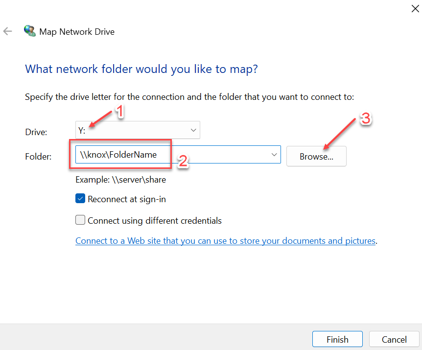 A screenshot of the "Map Network Drive" function of Windows 11 File Explorer. The "Drive" drop-down is showing the Y: choice with a red arrow pointing to it, with a red 1 next to it. Under the "Folder" drop-down, which is highlighted in a red square with a red 2 next to it, shows the folder name "\\knox\FolderName". The "Browse" button next to it has a red arrow pointing to it with a red 3 next to it.