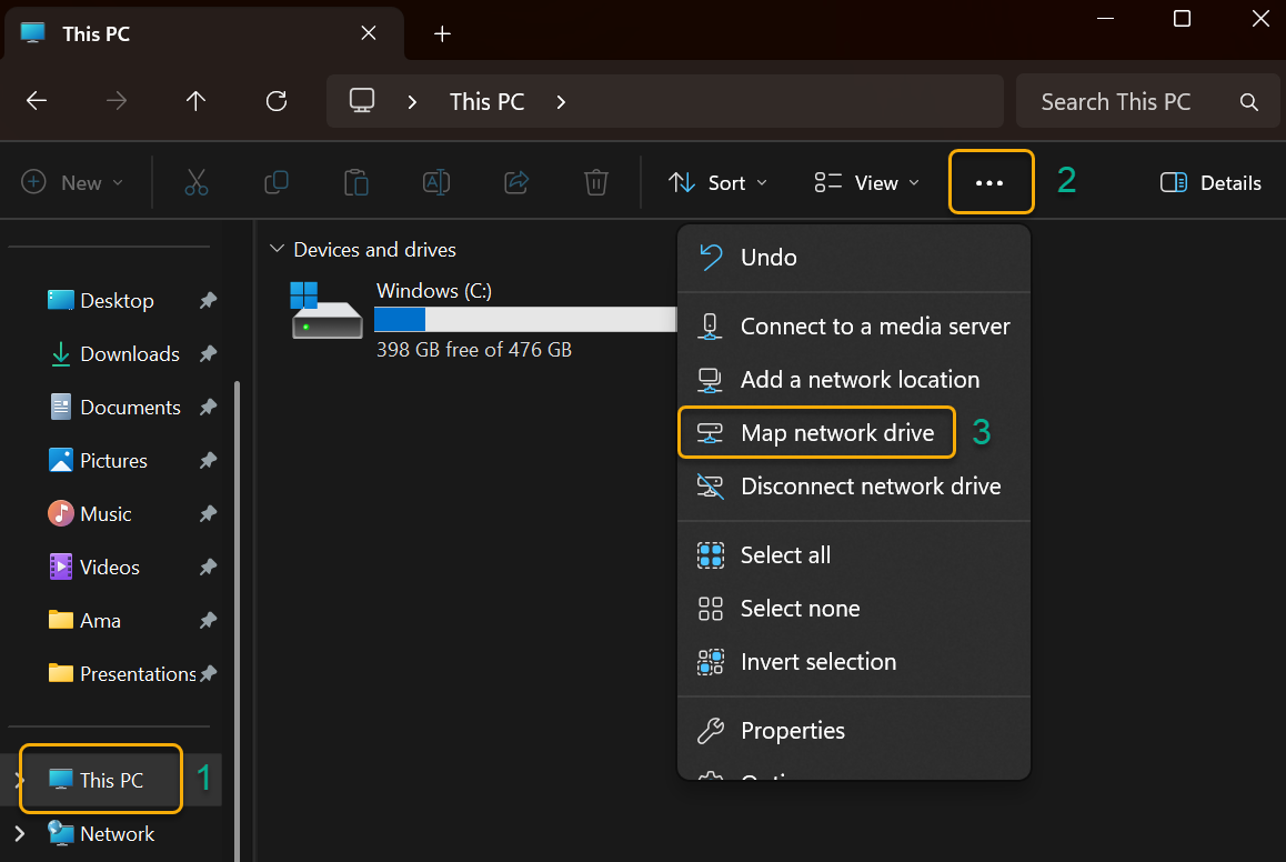 A screenchot showing the Windows 11 File Explorer folder. The "This PC" folder in the bottom left is highlighted by a green square with a green number 1 next to it. The three dots in the upper right ribbon are highlighted by a green square with a green 2 next to it. The "Map Network Drive" option in the drop-down menu is highlighted by a green square with a green 3 next to it.