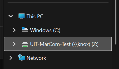 A screenshot of the bottom left corner of the File Explorer folder. Under "This PC", the choices "Windows (C:)", "UIT-MarCom-Test (\\knox) (Z:)", and "Network" are shown, with the Knox option highlighted.